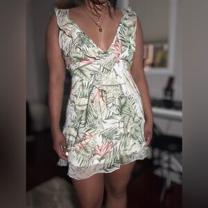 Reformation Green and Pink Leaf Mini Dress